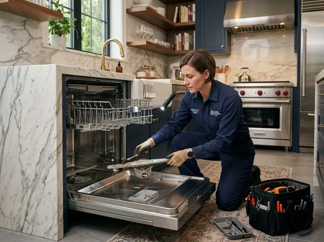 Appliance Repair Hero technician servicing a built-in dishwasher in a Bowling Green, FL kitchen