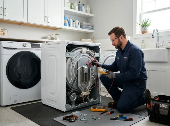 Appliance Repair Hero technician checking a dryer heating element with the rear panel off in Bowling Green, FL