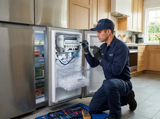 Appliance Repair Hero technician repairing a refrigerator ice maker in Bowling Green, FL