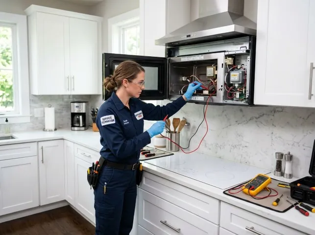 Appliance Repair Hero technician testing an over-the-range microwave in a Bowling Green, FL kitchen