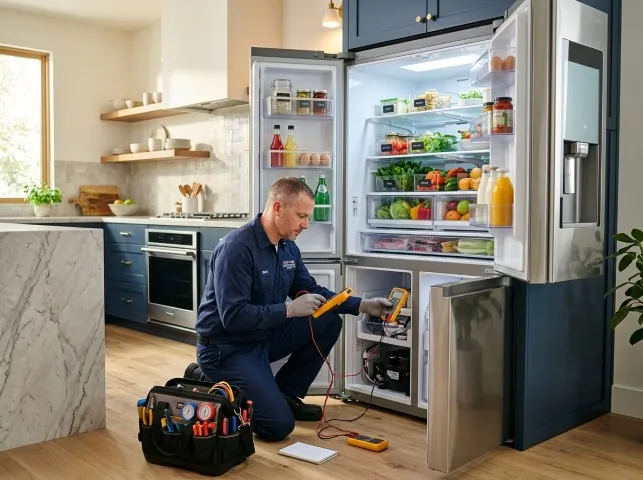 Appliance Repair Hero refrigerator technician testing a fridge on a Bowling Green, FL service call