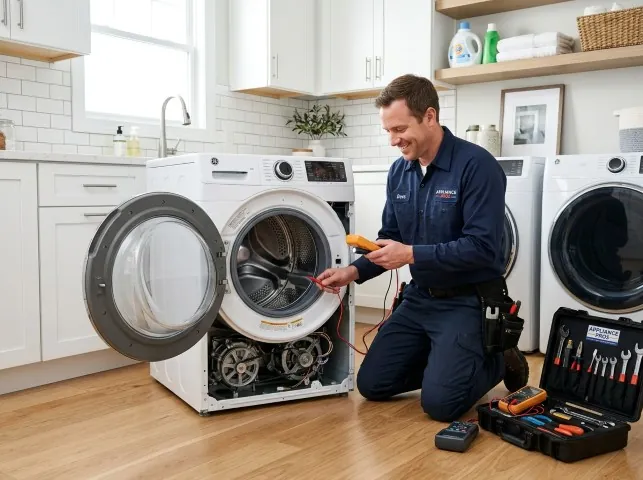 Appliance Repair Hero technician testing a front-load washer with a multimeter on a Bowling Green, FL service call